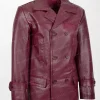 Salcombe Men's Burgundy Leather Peacoat with Classic Pea Coat Style and Regular Fit right side