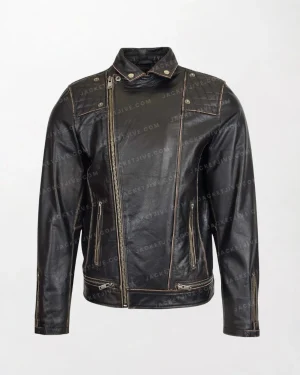 Sean Men's Vintage Black Leather Motorcycle Jacket with Quilted Chest and Zippered Closure