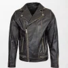Sean Men's Vintage Black Leather Motorcycle Jacket with Quilted Chest and Zippered Closure