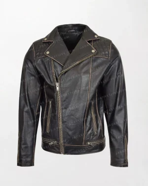 Sean Men's Vintage Black Leather Motorcycle Jacket with Quilted Chest and Zippered Closure