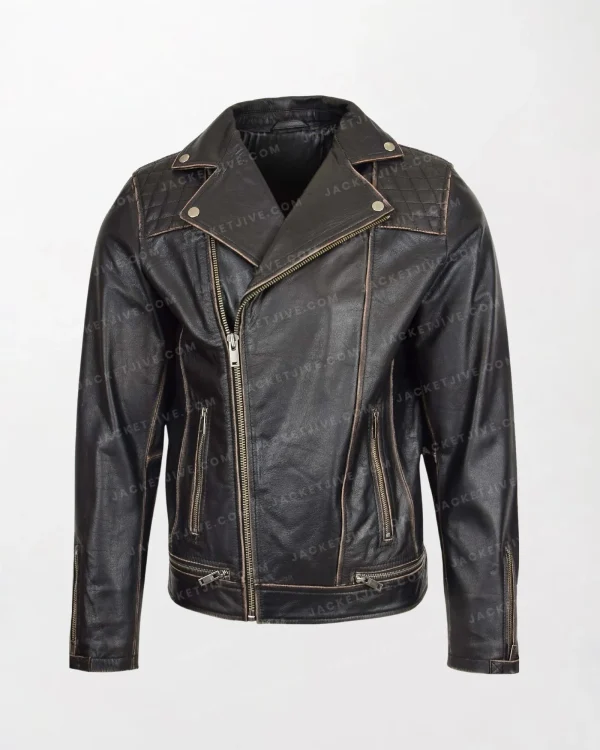 Sean Men's Vintage Black Leather Motorcycle Jacket Quilted Chest