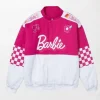 Barbie Pink Biker Racer Jacket with a sleek, fitted design and zippered accents, perfect for a stylish and edgy look.