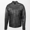 Jaime Men's Black Leather Biker Jacket with Front Zipper and Zip Pockets
