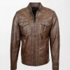 Jaime Timber Men's Leather Biker Jacket with Zippered Pockets and Front Closure