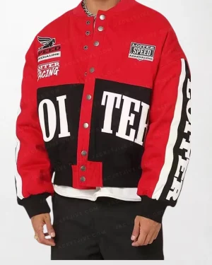 Loiter Racing Jacket in a vibrant red design, featuring racing stripes and a sleek, sporty silhouette