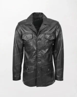 Men's Black Button Fastening Reefer Leather Jacket with Shiny Front Buttons