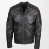 Men's Black Leather Biker Jacket Nelson with Zippered Front, Cuffs, and Slim Fit