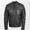Men's Black Leather Biker Jacket Nelson with Zippered Front, Cuffs, and Slim Fit