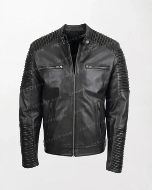 Men's Black Leather Biker Jacket Nelson with Zippered Front, Cuffs, and Slim Fit