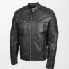 Men's Black Leather Biker Jacket Nelson with Zippered Front, Cuffs, and Slim Fit lefy way