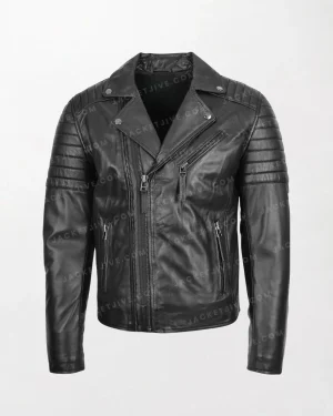 Black Leather Jacket with Front Zipper and Sleeve