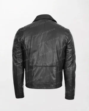 Mens Black Leather Jacket with Front Zipper and Sleeve Zipper Pockets back