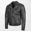 Mens Black Leather Jacket with Front Zipper and Sleeve Zipper Pockets left way