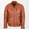 Men's Brown Biker Leather Jacket with Zippered Collar and Premium Quality Leather