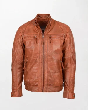 Men's Brown Biker Leather Jacket with Zippered Collar and Premium Quality Leather