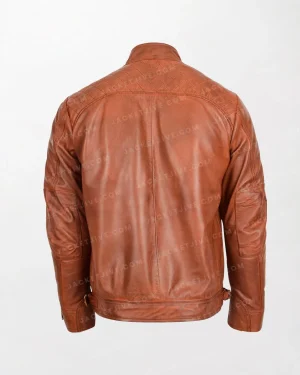 Mens Brown Biker Leather Jacket with Zippered Collar and Premium Quality Leather back
