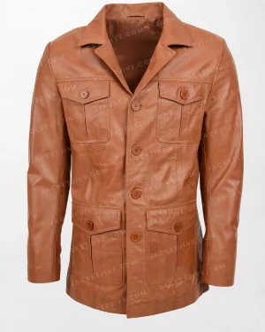 Jerry Tan Men's Brown Reefer Leather Coat with Button Fastening
