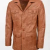Mens Button Fastening Reefer Leather Jacket Jerry Tan front