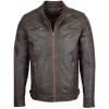 Men's Classic Leather Biker Style Zip Jacket Ethan in Brown with Tan Accents