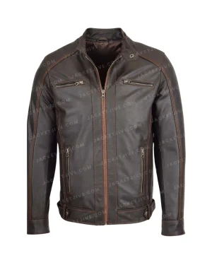 Men's Classic Leather Biker Style Zip Jacket Ethan in Brown with Tan Accents