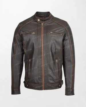 Men's Classic Leather Biker Style Zip Jacket Ethan in Brown with Tan Accents