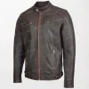 Men's Classic Leather Biker Style Zip Jacket Ethan in Brown with Tan Accents front