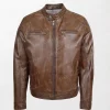 Mens Classic Milton Brown Leather Jacket with Zipper and Motorcycle Style