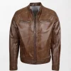 Men's Classic Milton Brown Leather Jacket with Zipper and Motorcycle Style