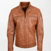 Men's Leather Jacket with Brown Color and Chest Zipper Pockets Standing Collar