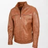 Men's Leather Jacket with Brown Color and Chest Zipper Pockets Standing Collar (5)