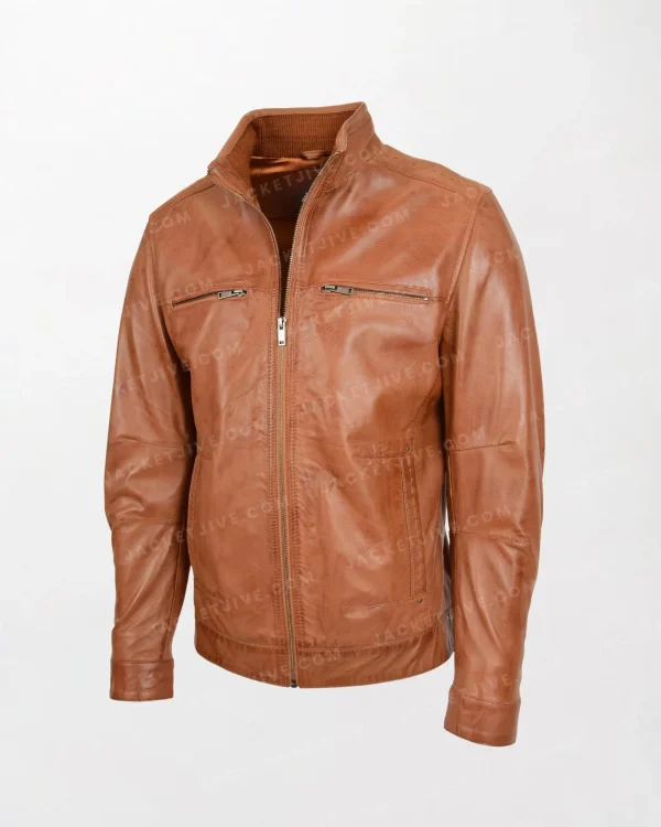 Men's Brown Leather Jacket with Chest Zipper Pockets