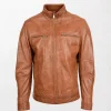 Men's Brown Leather Jacket with Chest Zipper Pockets and Standing Collar