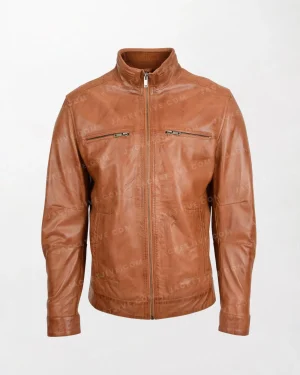 Men's Brown Leather Jacket with Chest Zipper Pockets and Standing Collar