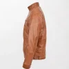 Men's Leather Jacket with Brown Color and Chest Zipper Pockets Standing Collar left way