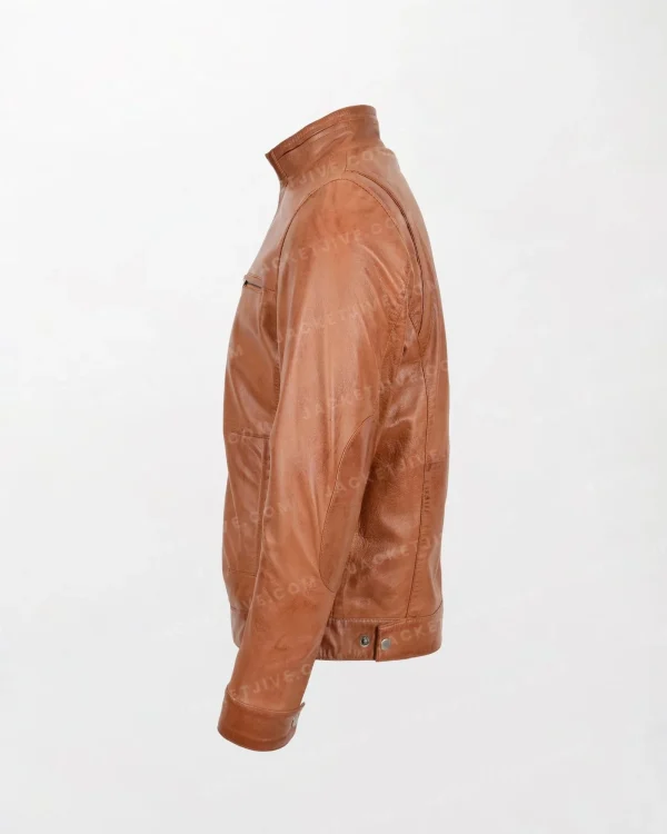 Men's Brown Leather Jacket with Chest Zipper Pockets