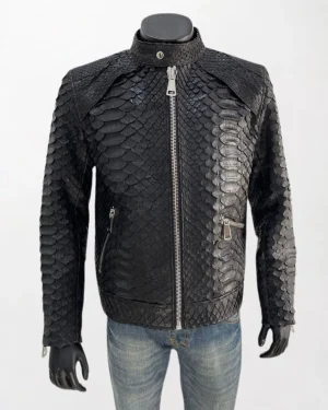Natural snakeskin leather bomber moto jacket with a textured finish and stylish design