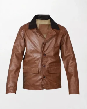 Red Dead Redemption 2 Arthur Morgan jacket, a rugged brown leather jacket with a collar and button closure.