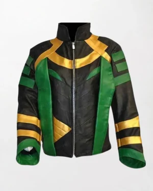 Tom Hiddleston as Loki wearing a distinctive leather jacket, showcasing his iconic style from the Marvel Cinematic Universe