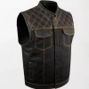 Men's black denim leather motorcycle club vest with diamond detailing