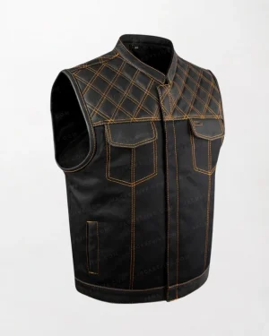 Men's black denim leather motorcycle club vest with diamond detailing