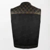 Men's Black Denim Leather Motorcycle Club Vest With Diamond back