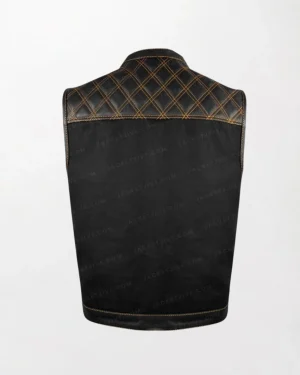 Men's Black Denim Leather Motorcycle Club Vest With Diamond back