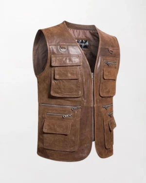 Men's leather vest featuring multiple pockets