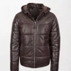 Men's Rory Brown Leather Hooded Puffer Jacket