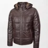 Men's Rory Brown Leather Hooded Puffer front