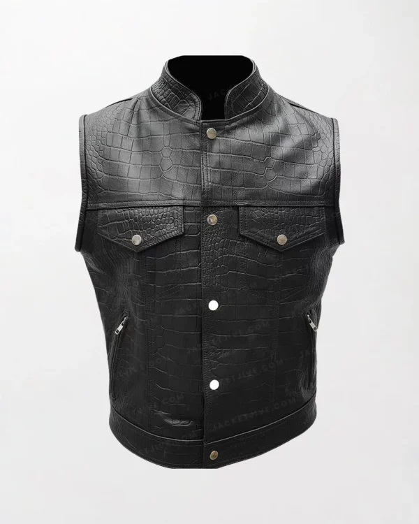 Mens Black Crocodile Leather Motorcycle Biker Style Vest Waistcoat - B13