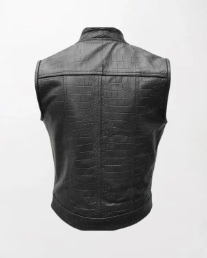 Real Leather Motorcycle Crocodile Print Real Leather Vest Waistcoat Jacket back