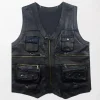 Sleeveless leather hunter waistcoat gilet casual jacket in dark brown