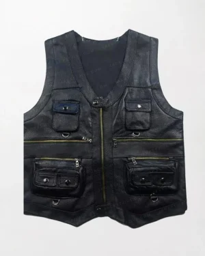 Sleeveless leather hunter waistcoat gilet casual jacket in dark brown