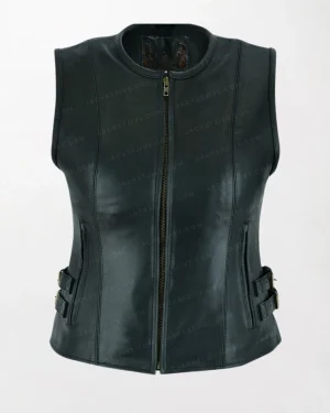 Women's leather motorcycle vest featuring gun pockets.